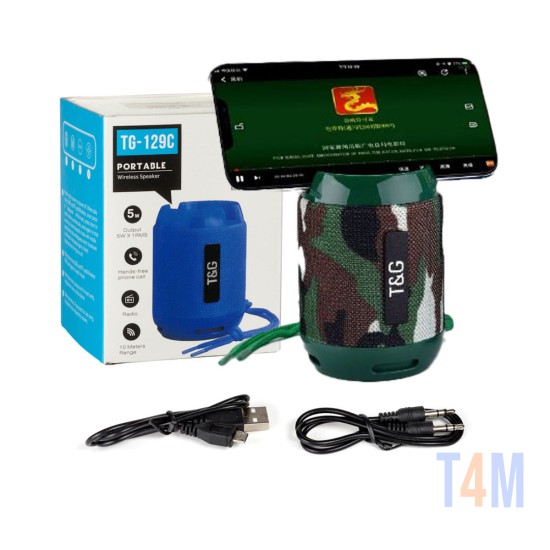 MINI COLUNA BLUETOOTH SEM FIO À PROVA D'ÁGUA T&G TG-129C FM/TF/AUX/USB 400MAH MILITARES